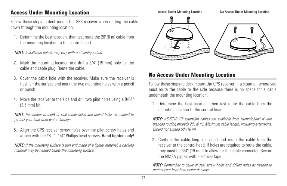 Access under mounting location, No access under mounting location | Humminbird 917C User Manual | Page 35 / 141