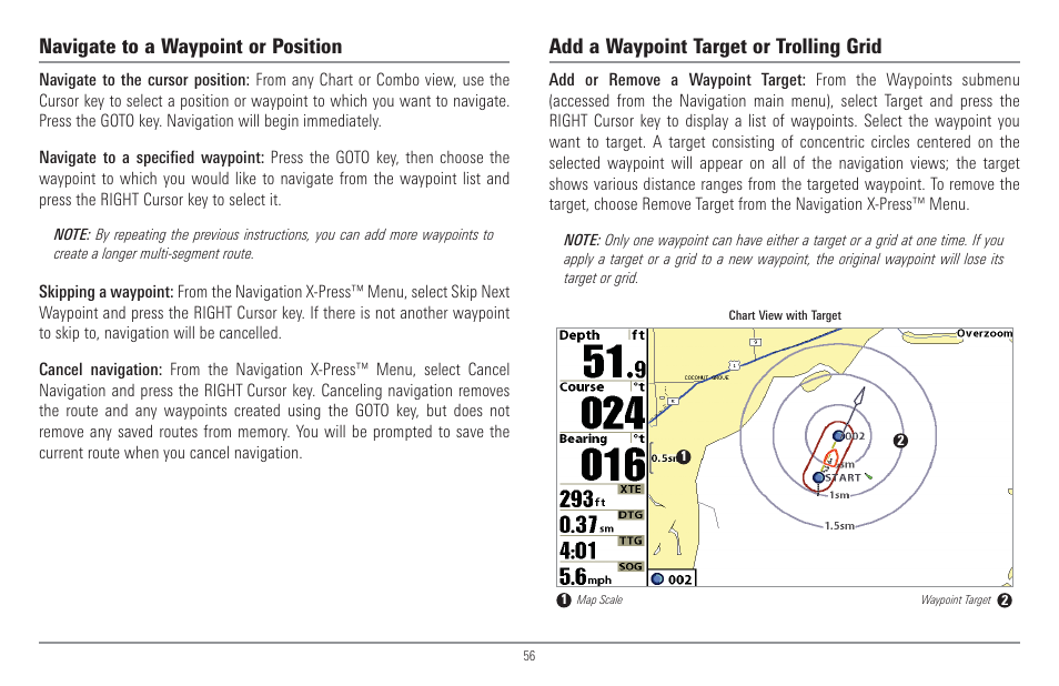 Navigate to a waypoint or position, Add a waypoint target or trolling grid | Humminbird 917C User Manual | Page 64 / 141