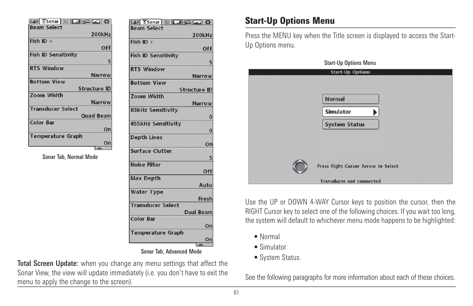 Start-up options menu | Humminbird 917C User Manual | Page 69 / 141