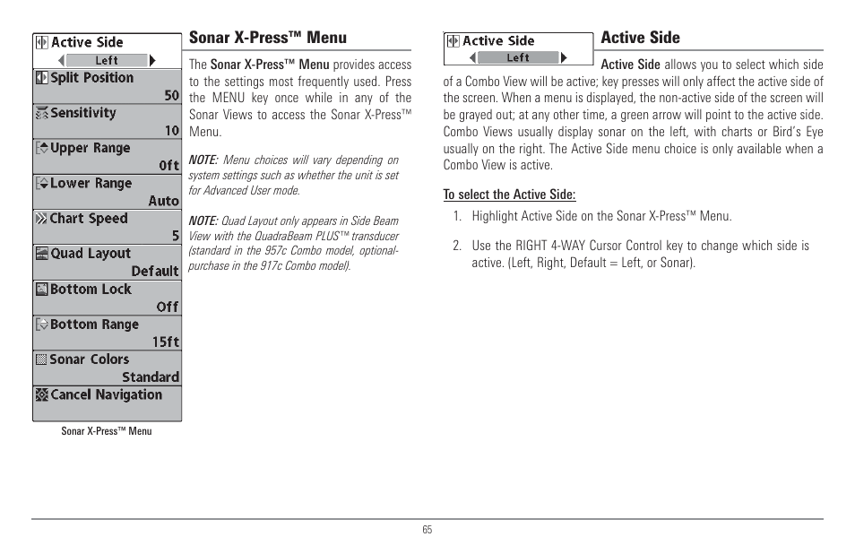 Sonar x-press™ menu, Active side | Humminbird 917C User Manual | Page 73 / 141