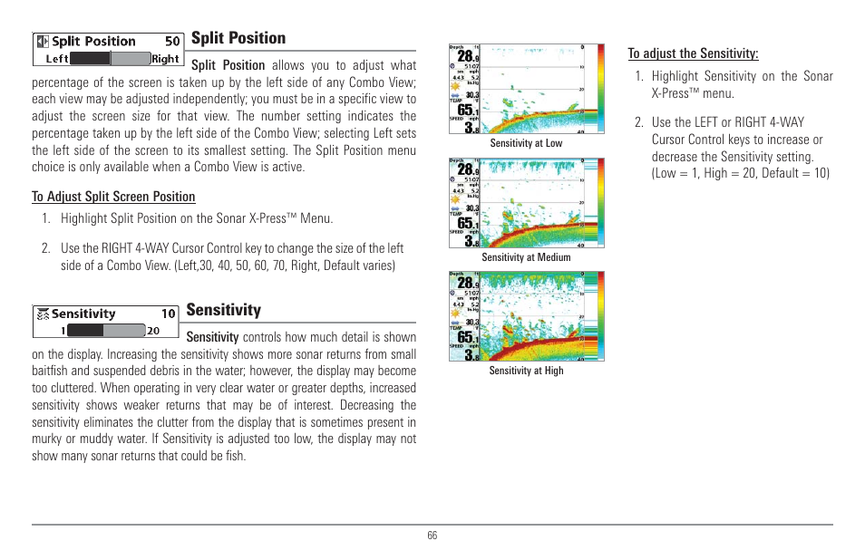 Split position, Sensitivity | Humminbird 917C User Manual | Page 74 / 141