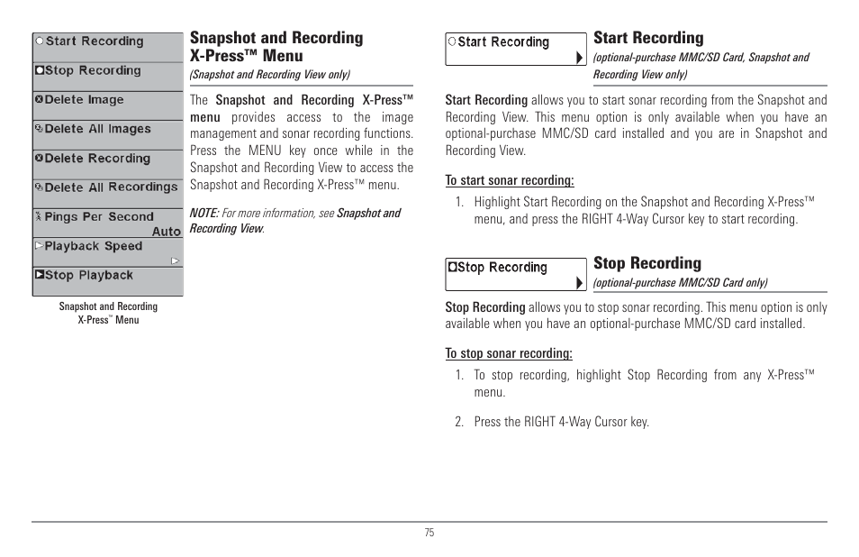 Snapshot and recording x-press™ menu, Start recording, Stop recording | Humminbird 917C User Manual | Page 83 / 141