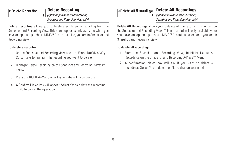 Delete recording, Delete all recordings | Humminbird 917C User Manual | Page 85 / 141