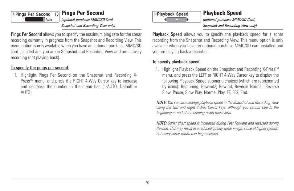 Pings per second, Playback speed | Humminbird 917C User Manual | Page 86 / 141