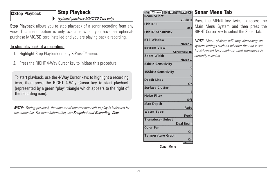 Stop playback, Sonar menu tab | Humminbird 917C User Manual | Page 87 / 141