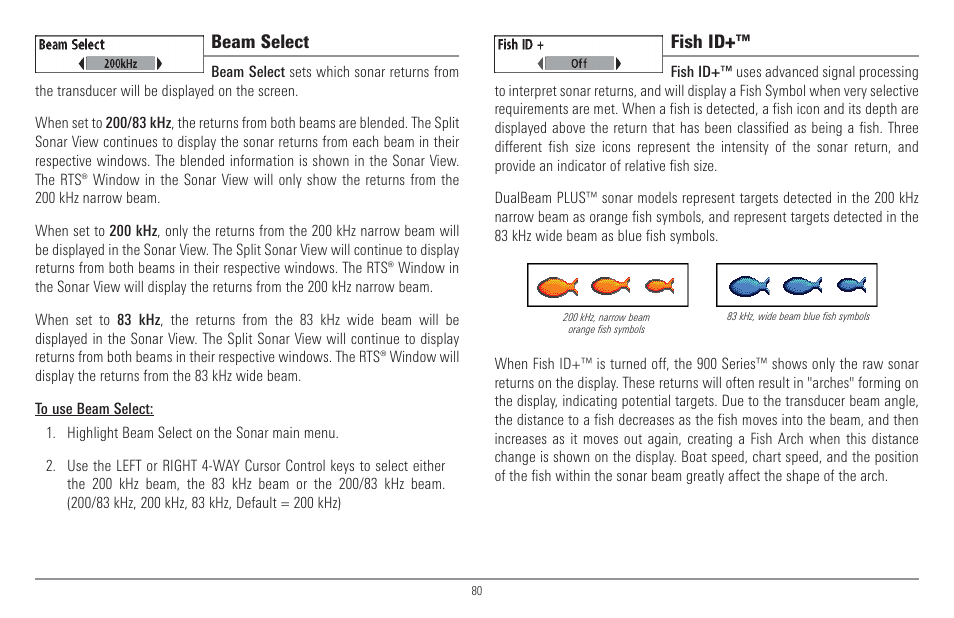 Beam select, Fish id | Humminbird 917C User Manual | Page 88 / 141