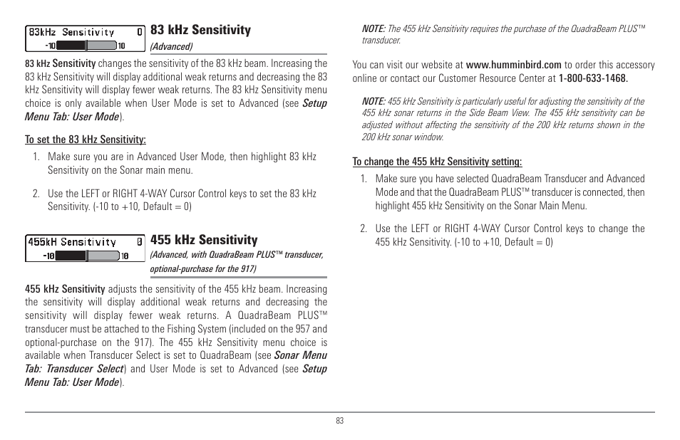 83 khz sensitivity, 455 khz sensitivity | Humminbird 917C User Manual | Page 91 / 141