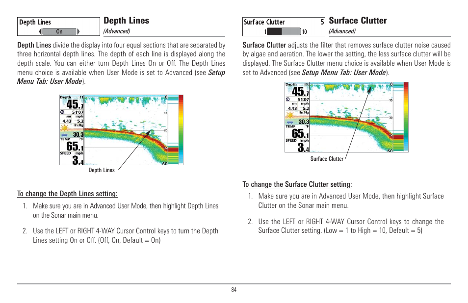 Depth lines, Surface clutter | Humminbird 917C User Manual | Page 92 / 141