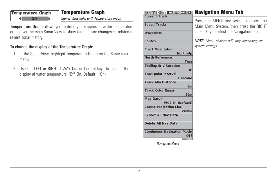 Temperature graph, Navigation menu tab | Humminbird 917C User Manual | Page 95 / 141