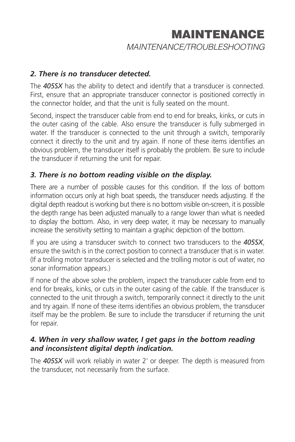 Maintenance | Humminbird SINGLEBEAM 405SX User Manual | Page 29 / 35