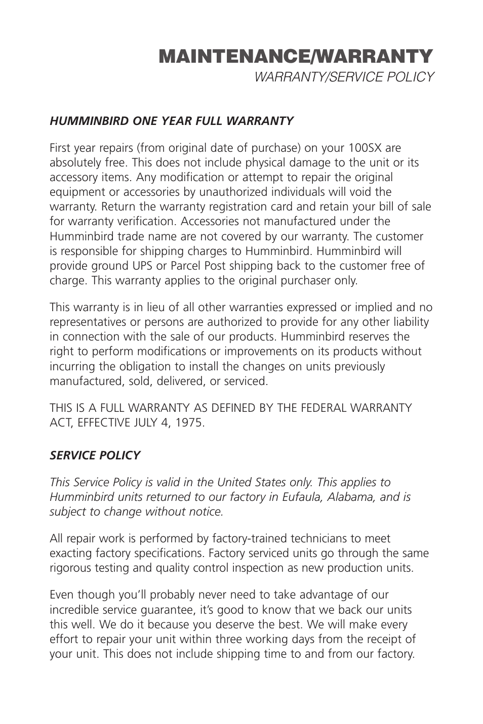 Maintenance/warranty | Humminbird SINGLEBEAM 405SX User Manual | Page 31 / 35