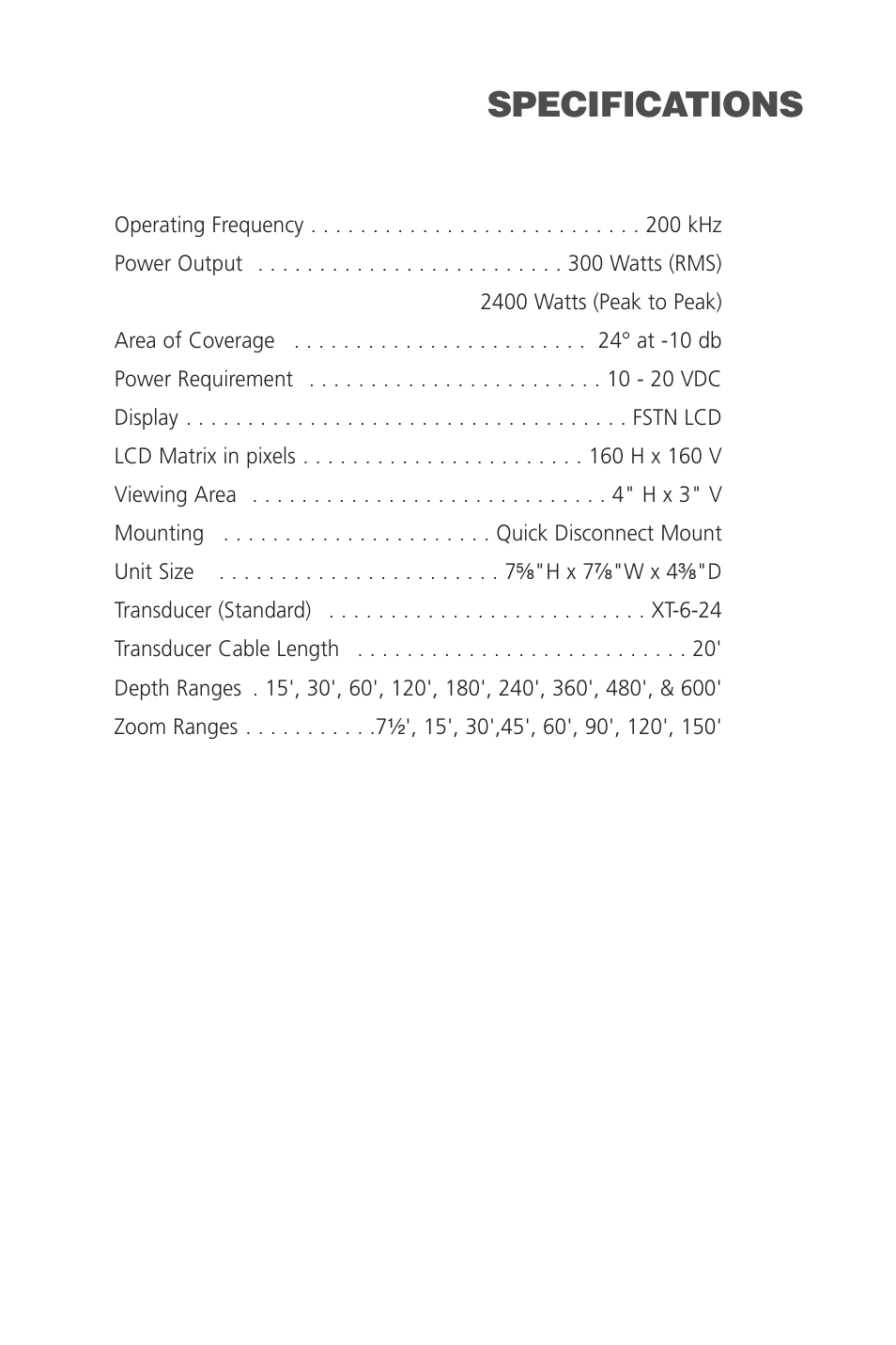 Specifications | Humminbird SINGLEBEAM 405SX User Manual | Page 33 / 35
