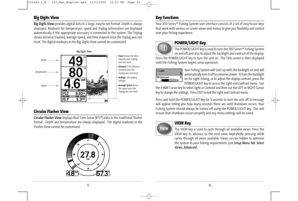 Key functions, Power/light key, View key | Big digits view, Circular flasher view | Humminbird 531444-1_A User Manual | Page 12 / 37