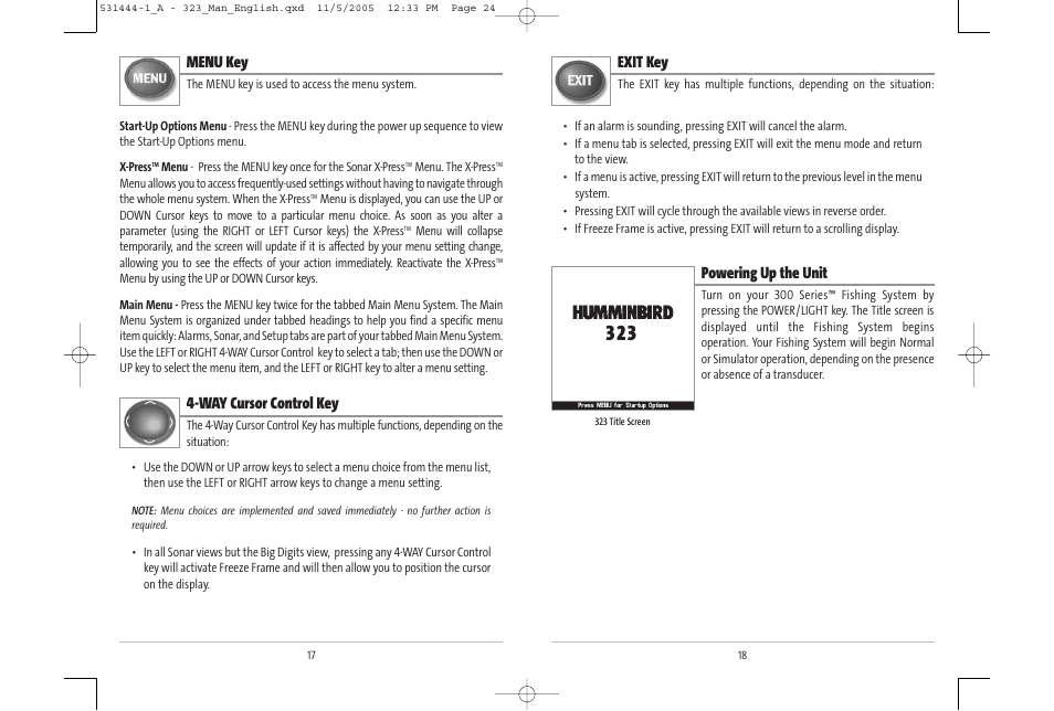 Exit key, Powering up the unit, Menu key | Way cursor control key | Humminbird 531444-1_A User Manual | Page 13 / 37