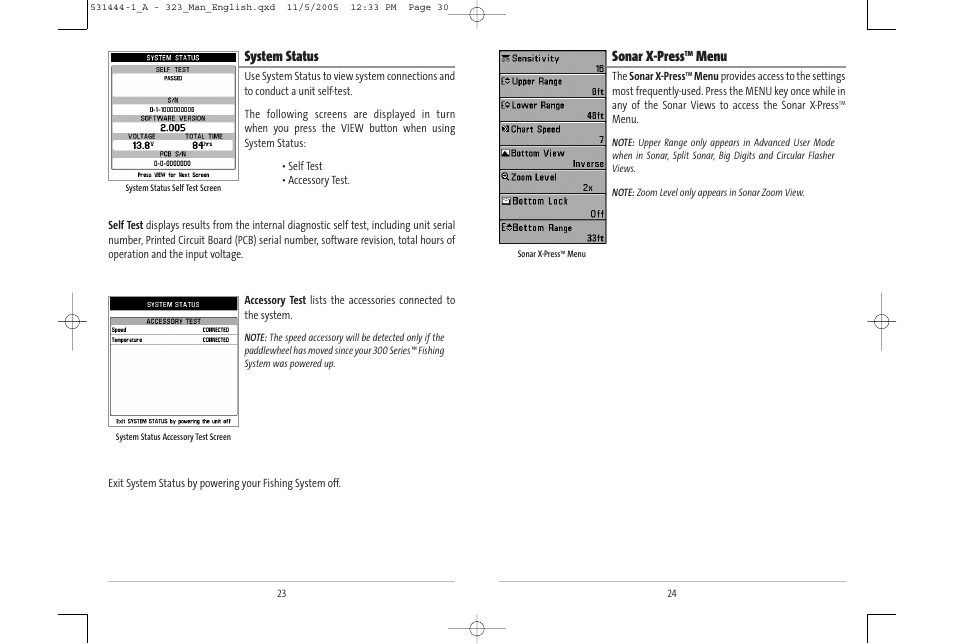 Sonar x-press, Menu, System status | Humminbird 531444-1_A User Manual | Page 16 / 37