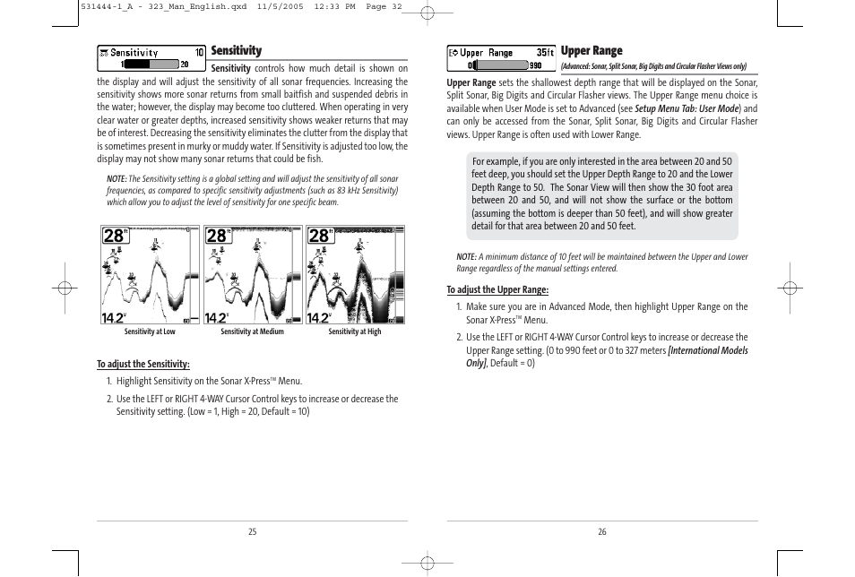 Upper range, Sensitivity | Humminbird 531444-1_A User Manual | Page 17 / 37