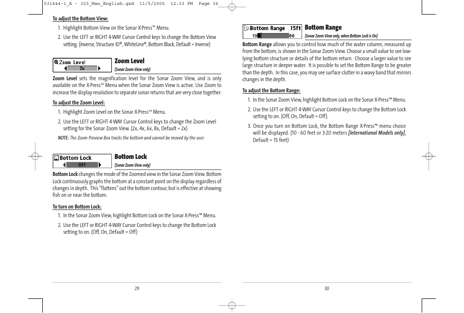 Bottom range, Zoom level, Bottom lock | Humminbird 531444-1_A User Manual | Page 19 / 37