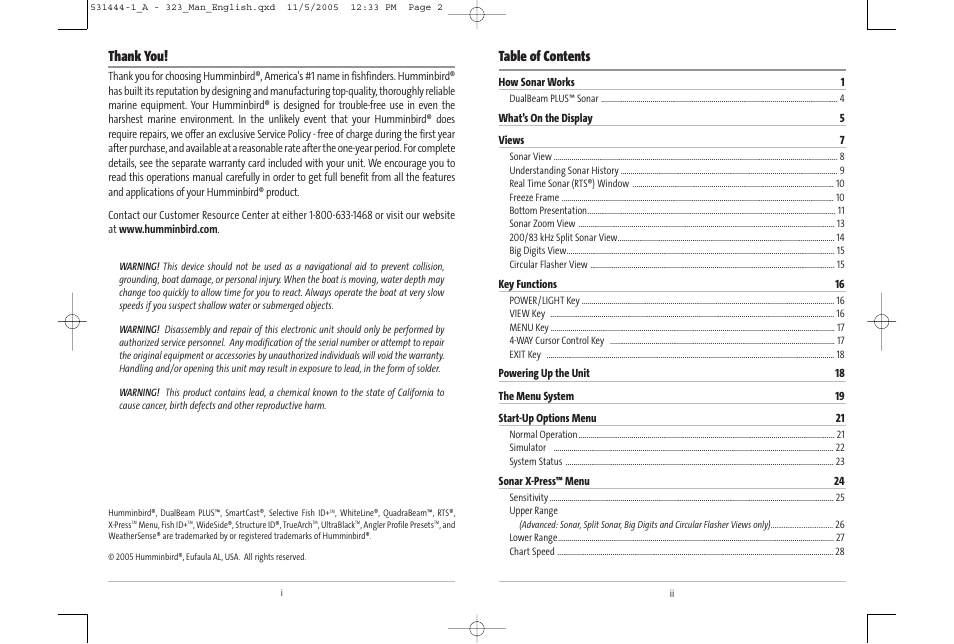 Humminbird 531444-1_A User Manual | Page 2 / 37