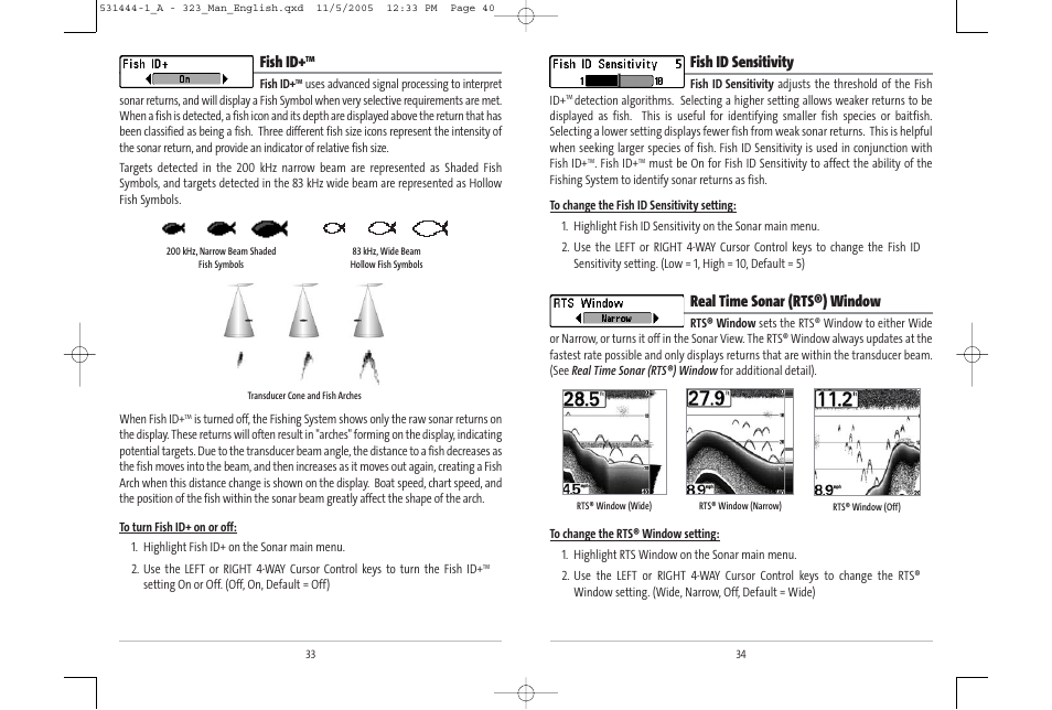 Fish id sensitivity, Real time sonar (rts®) window, Fish id | Humminbird 531444-1_A User Manual | Page 21 / 37