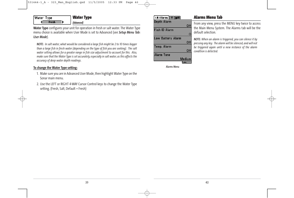 Alarms menu tab, Water type | Humminbird 531444-1_A User Manual | Page 24 / 37