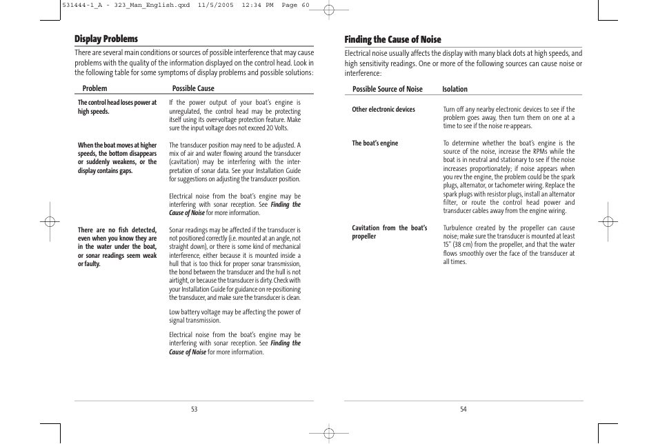 Finding the cause of noise, Display problems | Humminbird 531444-1_A User Manual | Page 31 / 37