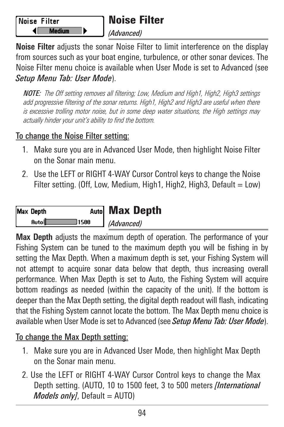 Noise filter, Max depth | Humminbird 787c2i User Manual | Page 103 / 170