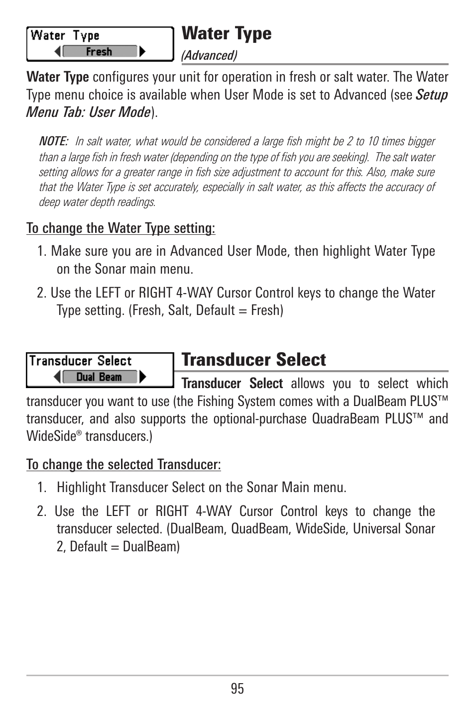 Water type, Transducer select | Humminbird 787c2i User Manual | Page 104 / 170