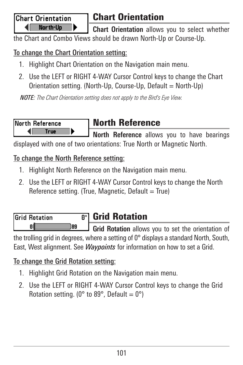 Chart orientation, North reference, Grid rotation | Humminbird 787c2i User Manual | Page 110 / 170