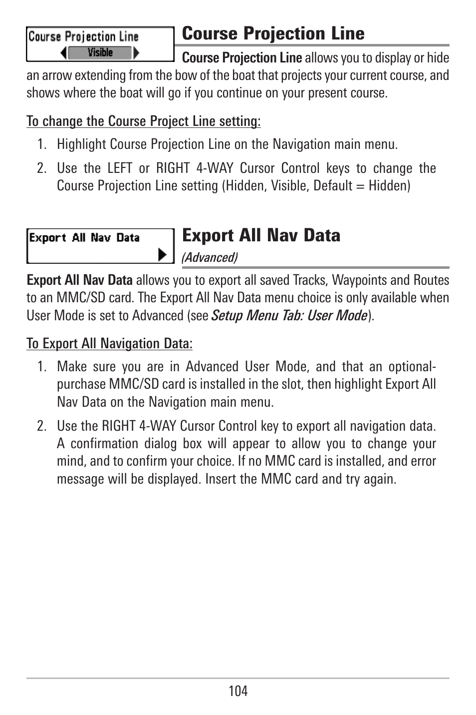 Course projection line, Export all nav data | Humminbird 787c2i User Manual | Page 113 / 170