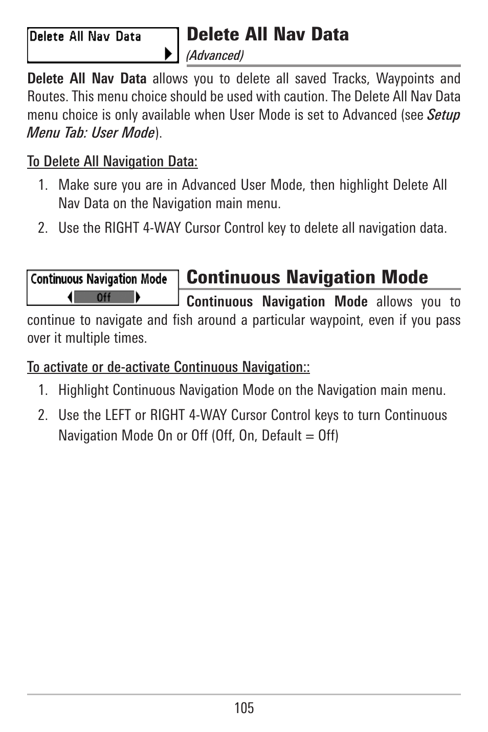 Delete all nav data, Continuous navigation mode | Humminbird 787c2i User Manual | Page 114 / 170