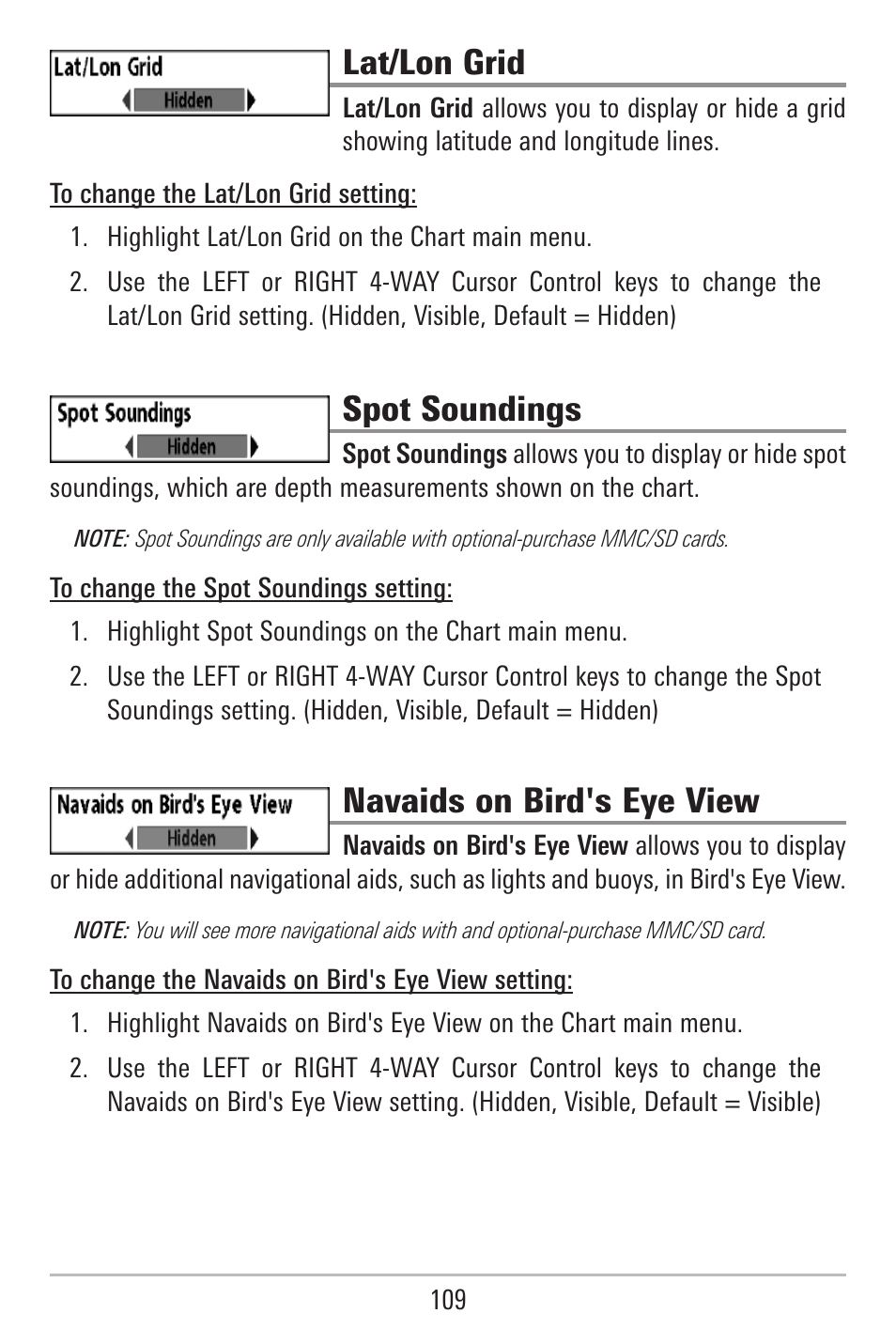 Lat/lon grid, Spot soundings, Navaids on bird's eye view | Humminbird 787c2i User Manual | Page 118 / 170