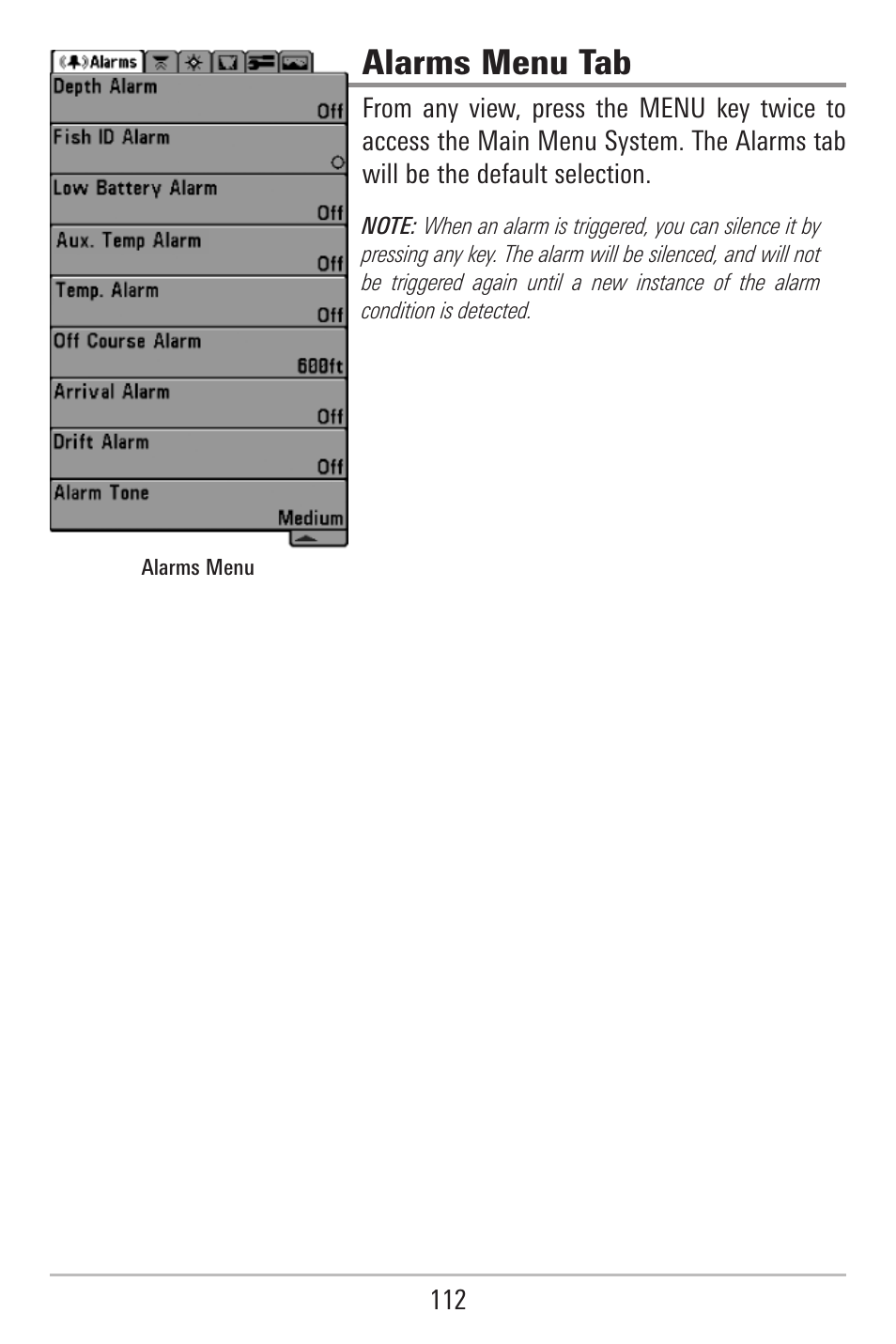 Alarms menu tab | Humminbird 787c2i User Manual | Page 121 / 170