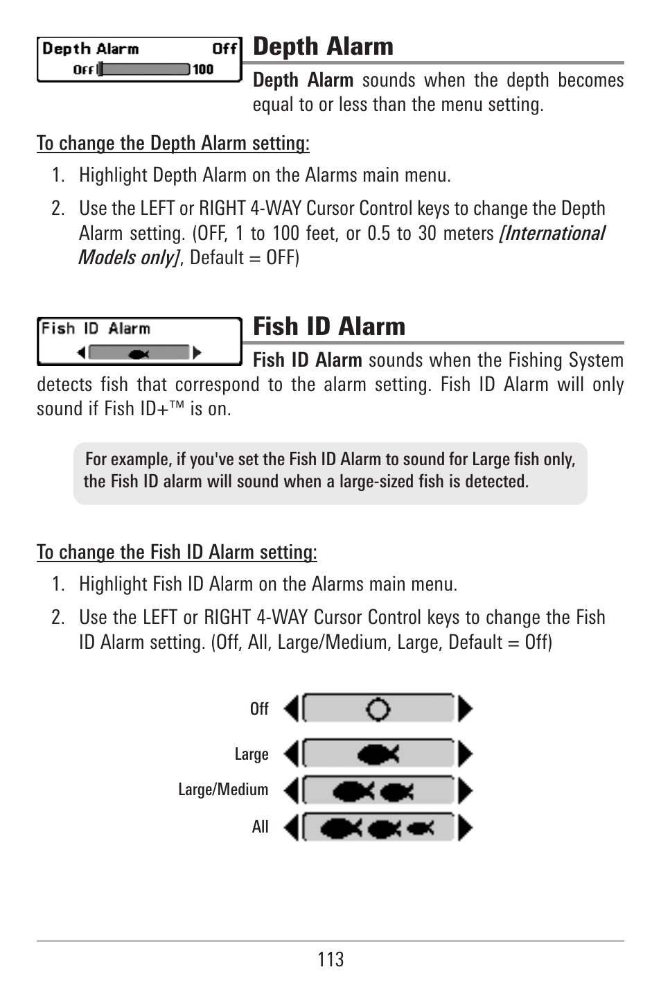 Depth alarm, Fish id alarm | Humminbird 787c2i User Manual | Page 122 / 170