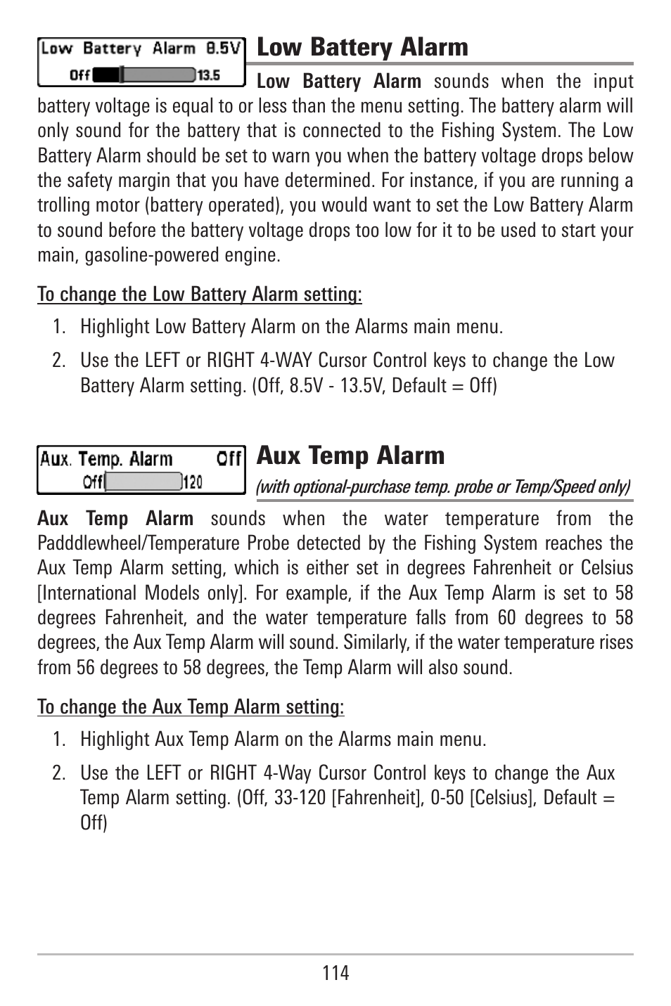 Low battery alarm, Aux temp alarm | Humminbird 787c2i User Manual | Page 123 / 170