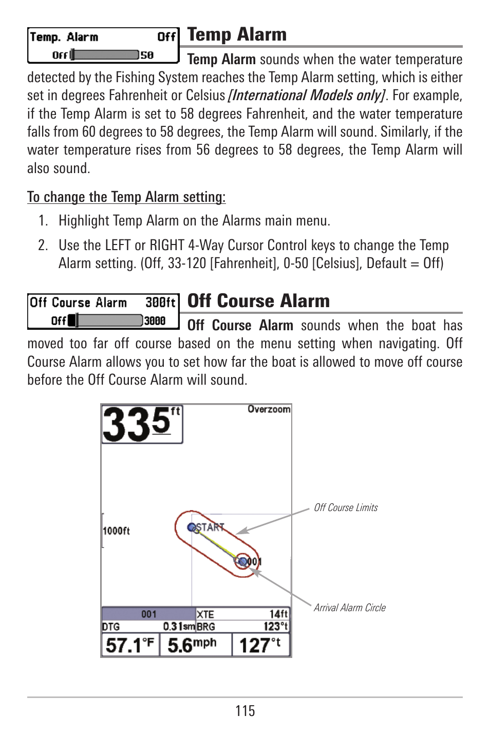 Temp alarm, Off course alarm | Humminbird 787c2i User Manual | Page 124 / 170