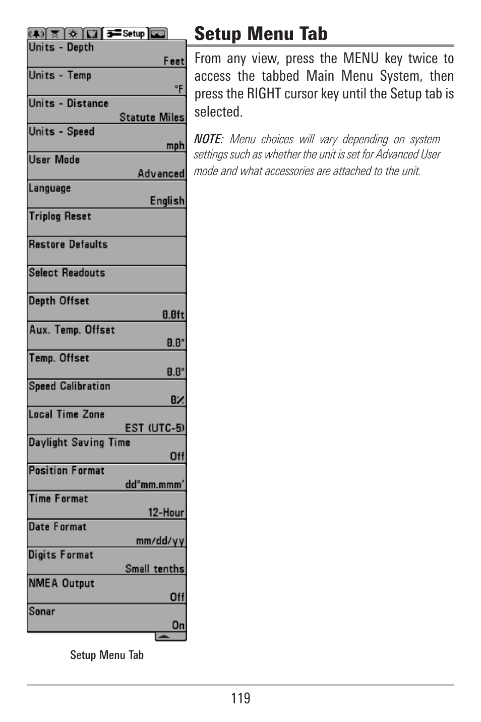 Setup menu tab | Humminbird 787c2i User Manual | Page 128 / 170