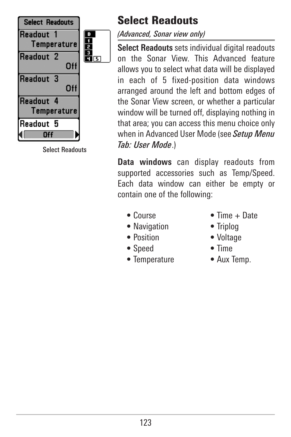 Select readouts | Humminbird 787c2i User Manual | Page 132 / 170