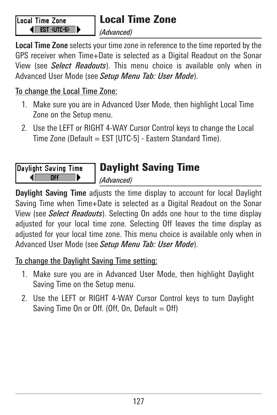 Local time zone, Daylight saving time | Humminbird 787c2i User Manual | Page 136 / 170