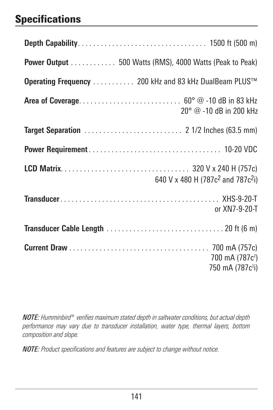 Specifications | Humminbird 787c2i User Manual | Page 150 / 170