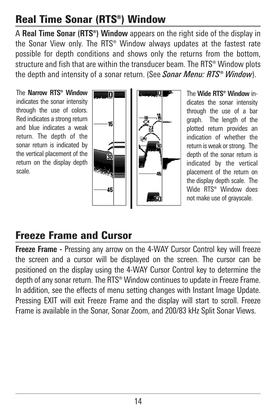Real time sonar (rts®) window, Freeze frame and cursor | Humminbird 787c2i User Manual | Page 23 / 170