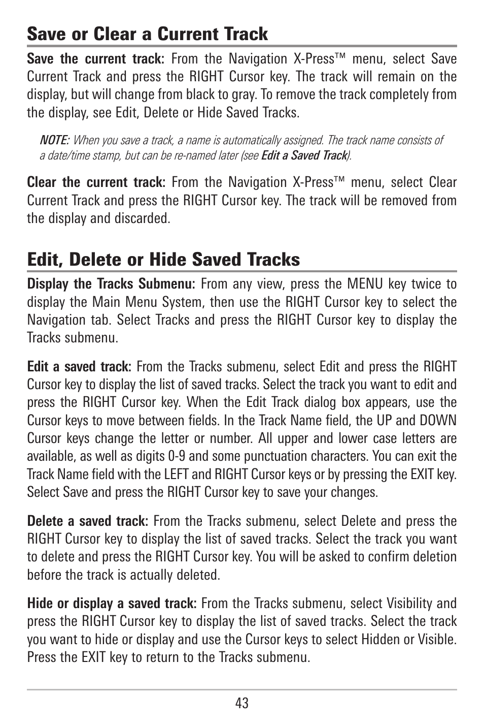 Save or clear a current track, Edit, delete or hide saved tracks | Humminbird 787c2i User Manual | Page 52 / 170