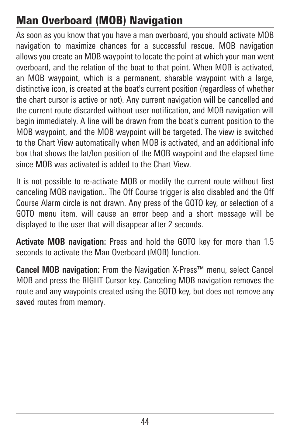 Man overboard (mob) navigation | Humminbird 787c2i User Manual | Page 53 / 170