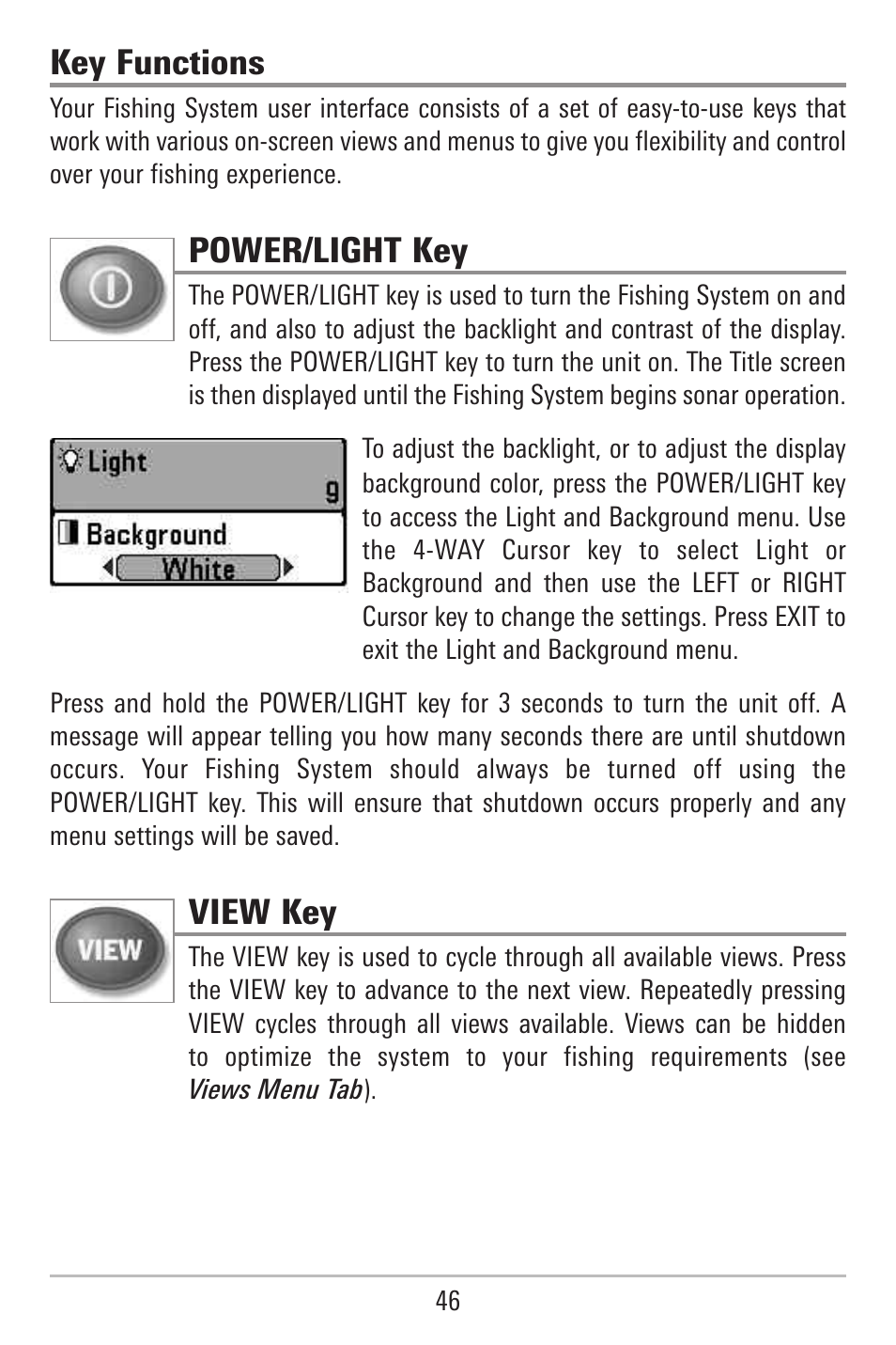Key functions, Power/light key, View key | Humminbird 787c2i User Manual | Page 55 / 170