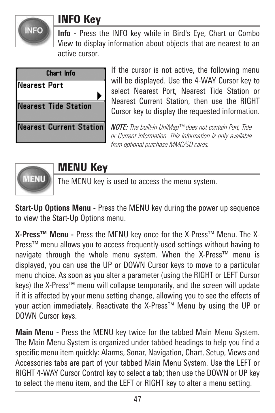 Info key, Menu key | Humminbird 787c2i User Manual | Page 56 / 170