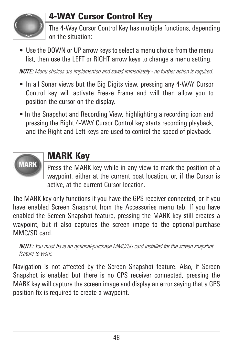 Way cursor control key, Mark key | Humminbird 787c2i User Manual | Page 57 / 170