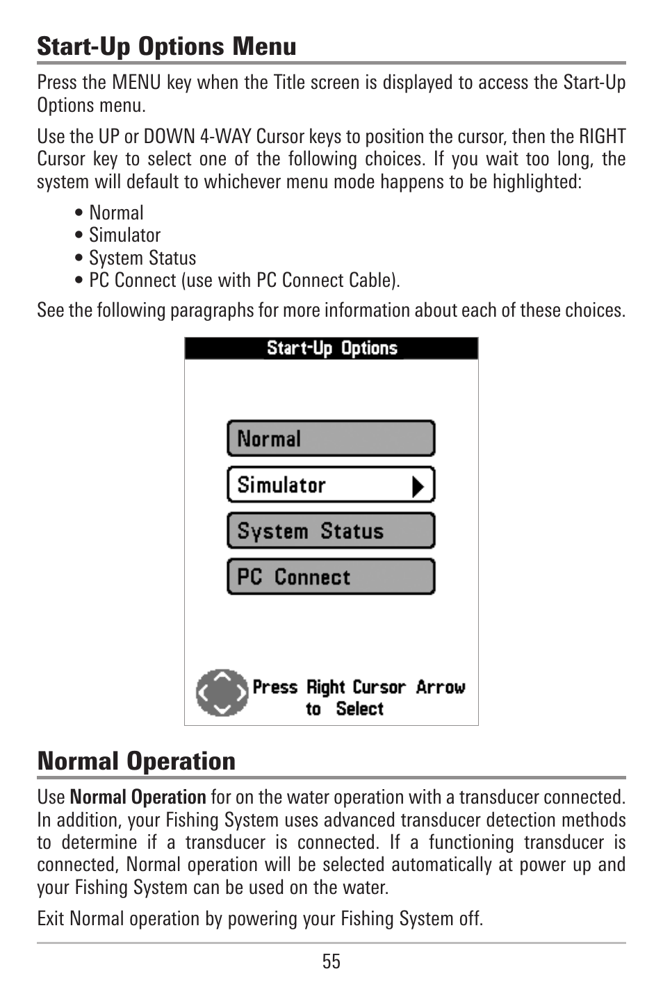 Start-up options menu, Normal operation | Humminbird 787c2i User Manual | Page 64 / 170