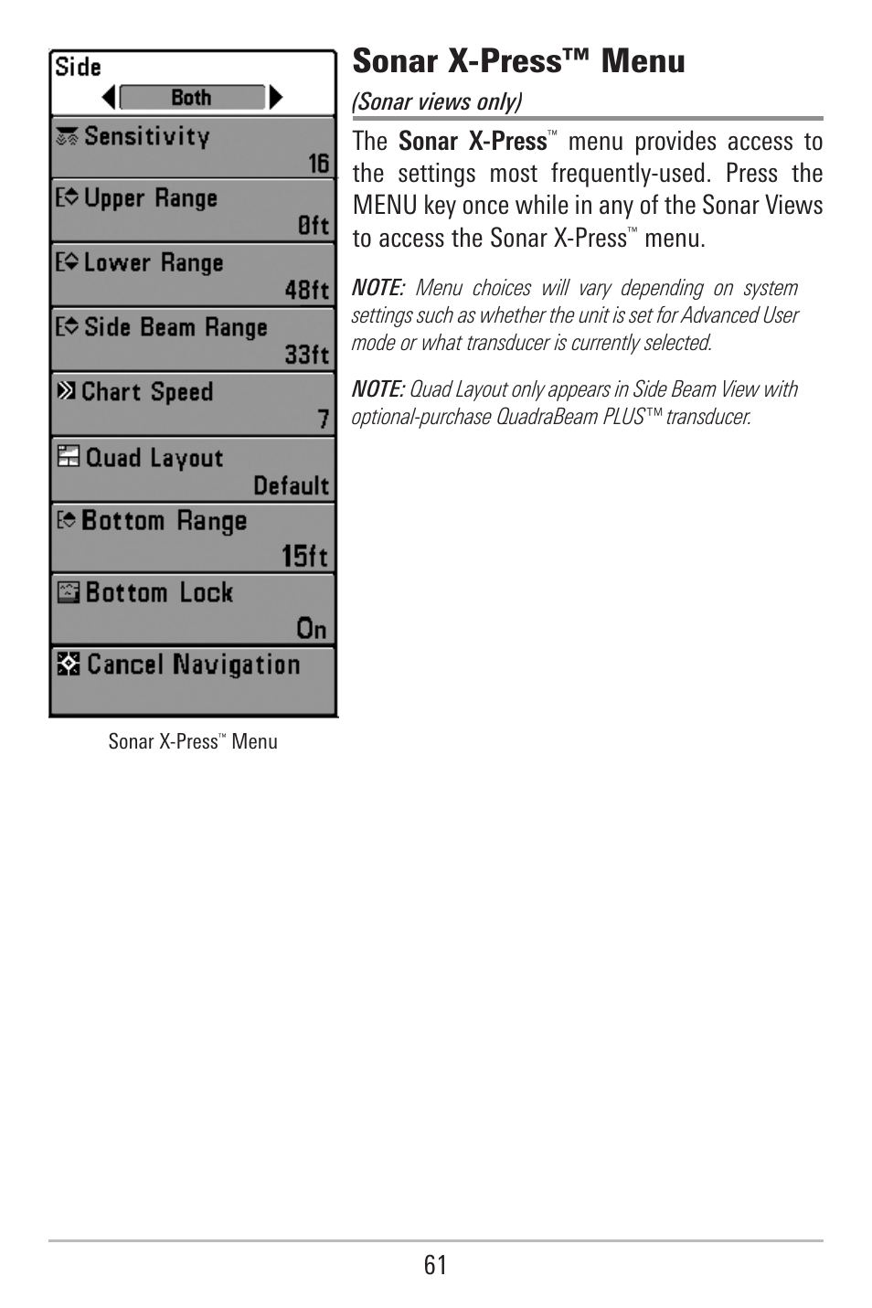 Sonar x-press™ menu, The sonar x-press, Menu | Humminbird 787c2i User Manual | Page 70 / 170