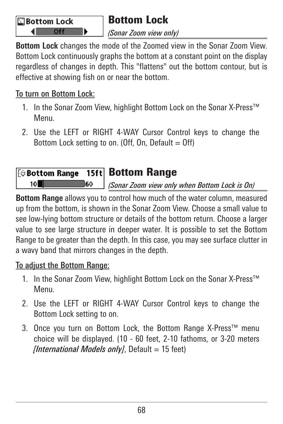 Bottom lock, Bottom range | Humminbird 787c2i User Manual | Page 77 / 170