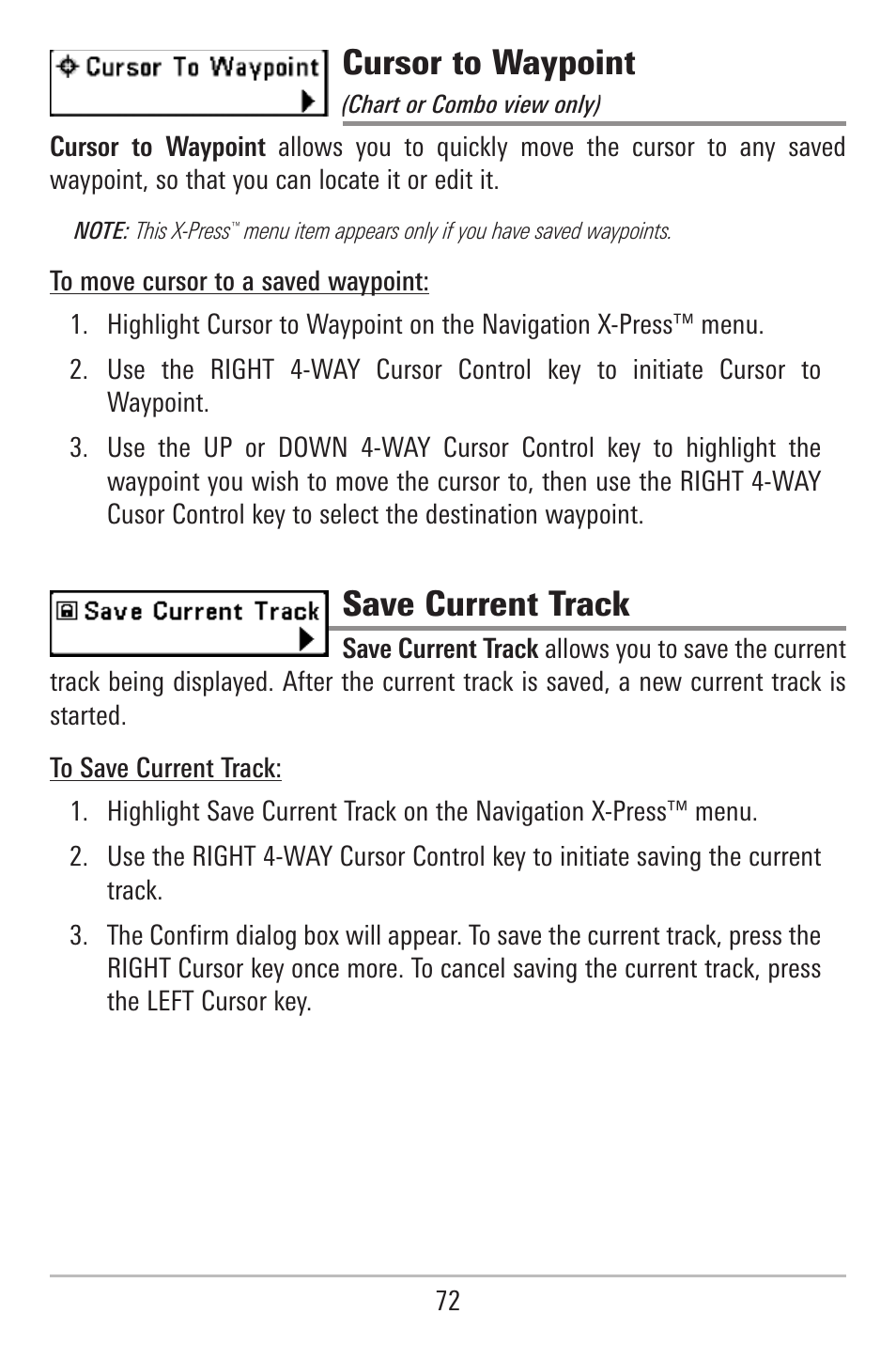 Cursor to waypoint, Save current track | Humminbird 787c2i User Manual | Page 81 / 170