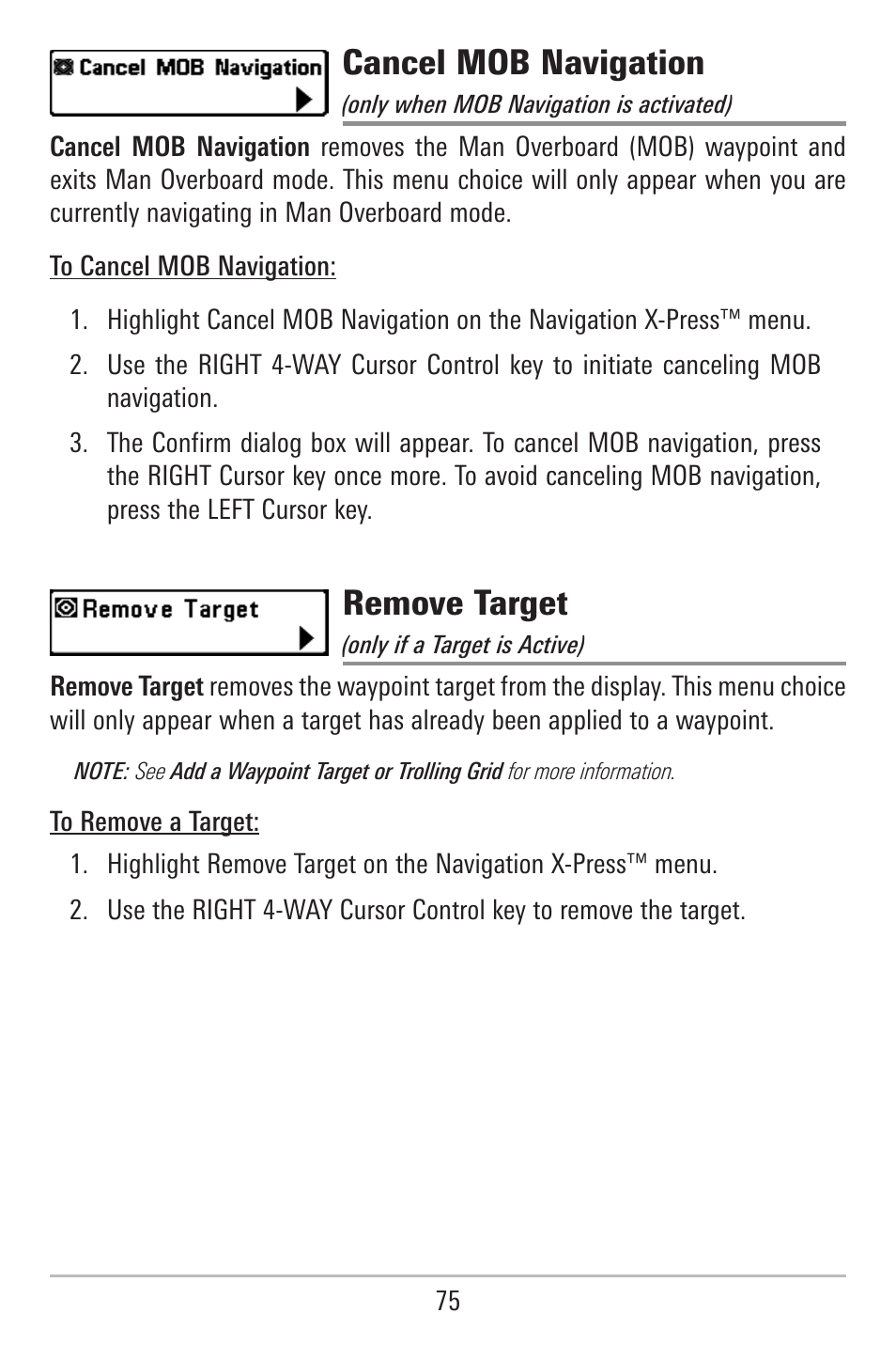 Cancel mob navigation, Remove target | Humminbird 787c2i User Manual | Page 84 / 170